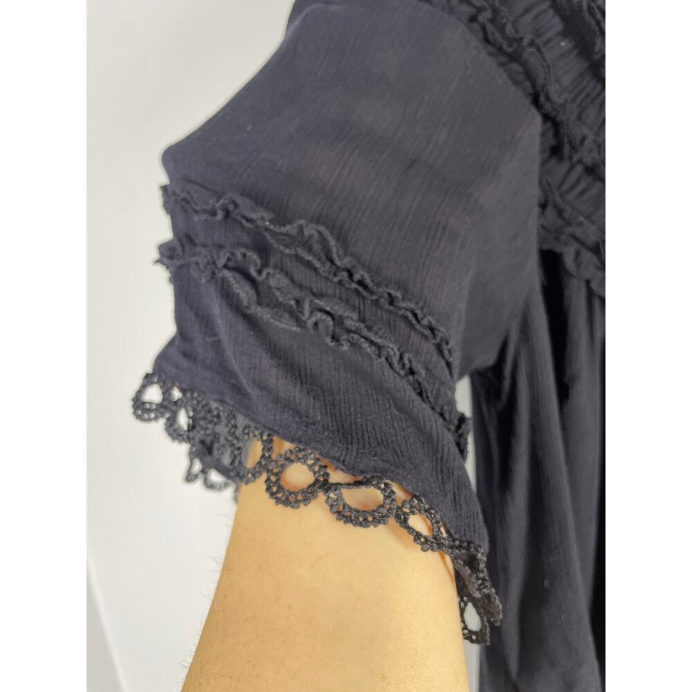 Anthropologie, Sz. XXS, Black Ruffle Yoke Blouse, Crinkle Gauze, Oversized, Boho - Picture 2 of 6